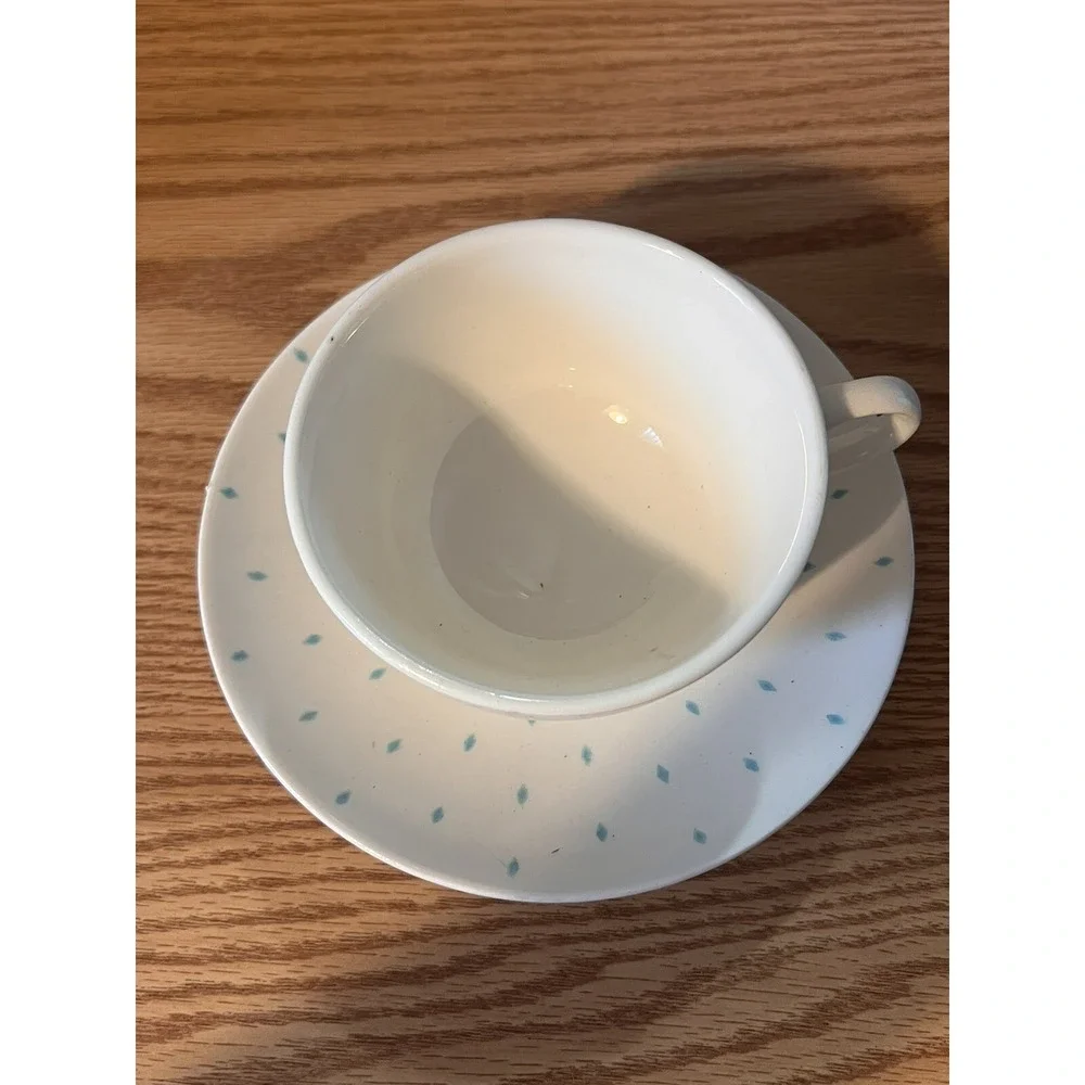 Vtg MCM Homer Laughlin Dura‎ Berry Teacup Saucer Aqua Diamonds & Floral Center